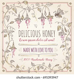Honey vintage label. Hand drawn fuchsia flower frame on beige square background with gold elements. Vector illustration