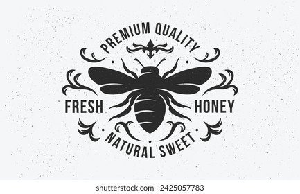 Honey vintage logo. Heraldic logo template with bee silhouette. Label, badge, emblem for Coat of Arms, Vintage Crest, Luxury logo. Vector illustration