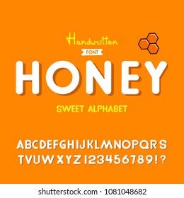 'Honey' Vintage Sans Serif Rounded Alphabet. Retro Typography with Rich Colors and Juicy Tasty Look. Vector Illustration.Bee Honeycombs.
