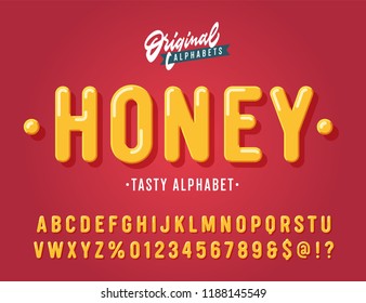 'Honey' Vintage Sans Serif  Rounded Alphabet. Retro Typography with Rich Colors and Juicy Tasty Look. Vector Illustration.