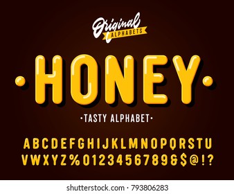 'Honey' Vintage Sans Serif  Rounded Alphabet. Retro Typography with Rich Colors and Juicy Tasty Look. Vector Illustration.
