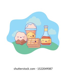 honey with waffle and set food in landscape kawaii style vector illustration design