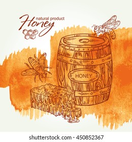 Honey watercolor background with a bee and honeycomb and barrel, hand drawn