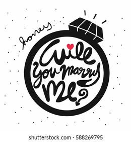 Honey will you marry me word in ring cartoon illustration on white background