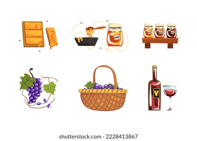 Honey and wine production set. Apiary farm products and red wine cartoon vector illustration