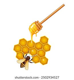 Honey wood spoon, honeycomb and bees, vector illustration isolated on white, eps10