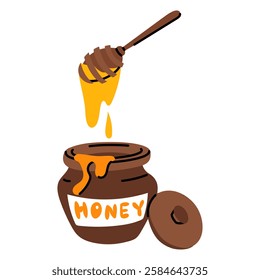 honey Wooden Spoon with a clay container. spoon with flowing honey drips into an open pottery bowl with a signature. isolated illustration for food. Taste of honey, ingredient for additives in dishes