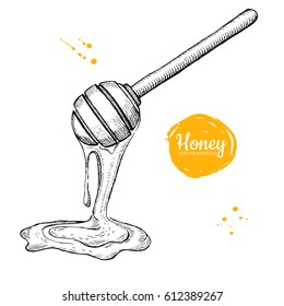 Honey wooden spoon with drop. Hand drawn vector illustration. Engraved style object. Organic natural product.