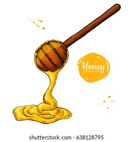 Honey wooden spoon with drop. Hand drawn vector illustration. Artistic style object. Organic natural product.