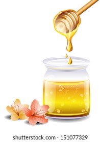 Honey with a wooden stick and flowers