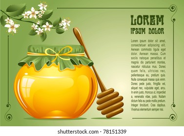 Honey with a wooden stick and flowers. Vector.