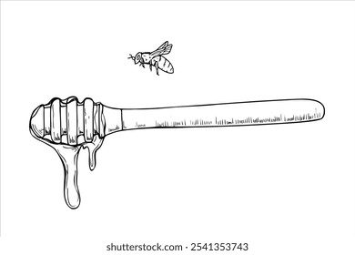 Honey wooden stick with syrup drip and flying bee hand drawn vector isolated illustration. Natural healthy sweetness dripping from spoon monochrome flat for poster, label, package.