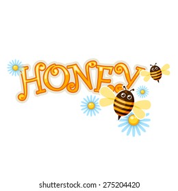 Honey word with cartoon bees and chamomiles