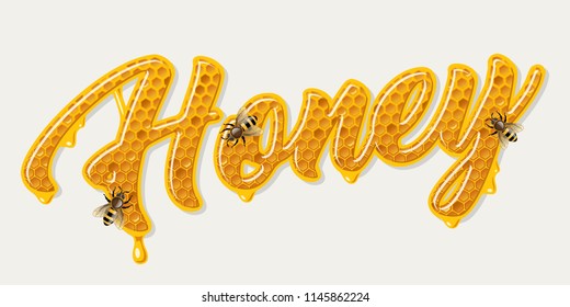 Honey word with honeycomb lettering. Vector illustration
