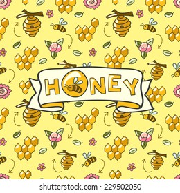 Honey word on cute seamless pattern with bees, honey, flowers and beehive. Honey bees in a honeycomb.
