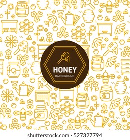 Honey wrapping vector background with bees and honeycombs symbols