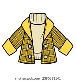 Honey yellow and brown short plaid pea coat worn over a warm sweater outline for coloring on white background