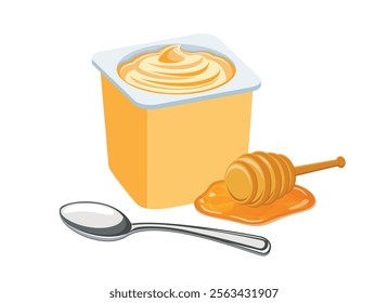 Honey yogurt in a plastic cup and spoon vector illustration. Honey flavored yogurt plastic cup icon vector isolated on a white background. Yoghurt, puddle of honey, wooden dipper drawing