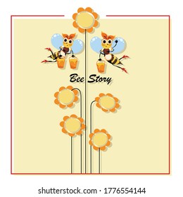 Honeybee. Bee Story. Swarm of bees collects honey. Poster with cute cartoon characters. Vector illustration