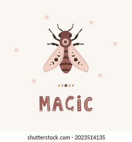 Honeybee boho poster. Insect with celestial elements. Scandinavian design for children wallpaper and home decor. Cute pastel vector illustration in cartoon style.