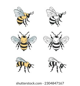 Honeybee bumblebee clipart collection. Bee vector illustration set isolated on white background. Groovy decorative hand drawn beekeeping design elements.