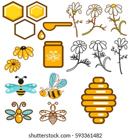 Honeybee and flowers apiary vector icon set. Bees, honey jar and vespiary objects.