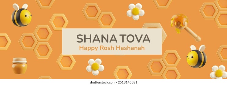 Honeybee and honey 3D vector Rosh Hashana banner. This colorful design captures the festive essence of Rosh Hashanah, Jewish New Year greeting card, cover, holiday web banner, poster.