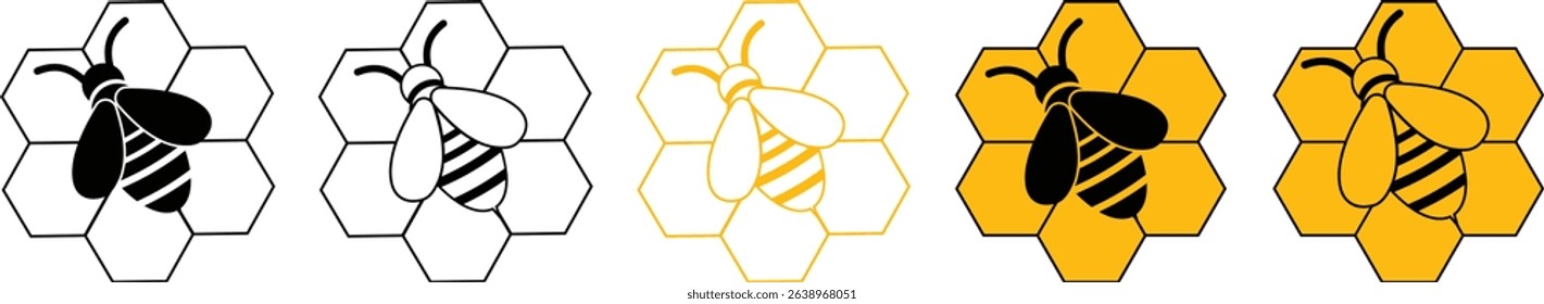 Honeybee and honeycomb icon set. Honeybee icons vector silhouette illustration isolated on transparent background. Honeybee symbol for pollination and wildlife representation. Vector illustration.