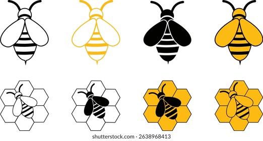 Honeybee and honeycomb icon set. Honeybee icons vector silhouette illustration isolated on transparent background. Honeybee symbol for pollination and wildlife representation. Vector illustration.
