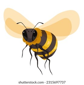 Honeybee insect with wings and muzzle, isolated portrait of animal. Apiary and bee garden dweller, production of honey and sweet nectar. Cute personage with colorful stripes. Vector in flat style