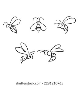 Honeybee line art clipart set. Linear collection of doodle bees. Vector illustration isolated on white background. Simple hand drawn beekeeping design elements.