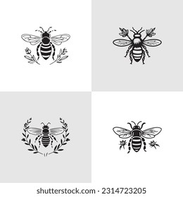 Honeybee silhouettes clip art collection. Bee black shape vector illustration set isolated on white background. Detailed decorative beekeeping logotype design elements