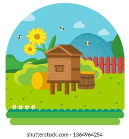 Honeybee swarm flying around wooden beehives apiary. Honey,mead. Mountains, glade, hay, flowers. Flat color cartoon vector illustration.