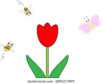 Honeybees and a butterfly gathering on a red tulip flower