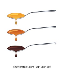 Honey,caramel sauce and chocolate sauce in a spoon isolated on white background.