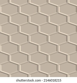 Honeycomb 3d embossed seamless pattern. Textured emboss hexagon background. Vector repeat surface beige backdrop. Beautiful modern honeycomb ornaments. Endless ornate 3d texture with embossing effect.