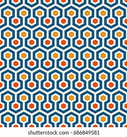 Honeycomb abstract background. Bright colors repeated hexagon tiles mosaic wallpaper. Seamless surface pattern with classic geometric ornament. Digital paper, textile print, page fill. Vector art