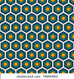Honeycomb abstract background. Bright colors repeated hexagon tiles mosaic wallpaper. Seamless surface pattern with classic geometric ornament. Digital paper, textile print, page fill. Vector art