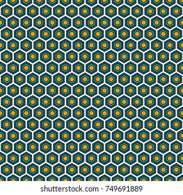 Honeycomb abstract background. Bright colors repeated hexagon tiles mosaic wallpaper. Seamless surface pattern with classic geometric ornament. Digital paper, textile print, page fill. Vector art