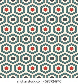 Honeycomb abstract background. Retro colors repeated hexagon tiles mosaic wallpaper. Seamless surface pattern with classic geometric ornament. Digital paper, textile print, page fill. Vector art