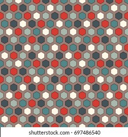 Honeycomb abstract background. Vivid colors repeated hexagon tiles mosaic wallpaper. Seamless surface pattern with classic geometric ornament. Digital paper, textile print, page fill. Vector art