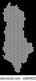 Honeycomb Albania map. Vector geographic scheme on a black background. Abstract Albania map composition is combined of honeycomb cells.