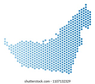 Honeycomb Arab Emirates map. Vector territorial plan in light blue color with horizontal gradient. Abstract Arab Emirates map mosaic is made from hex tile pixels.