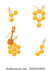 A honeycomb arrangement of honey hexagon. Sweet yellow postcard design. Stylish modern decorative frame. Vector illustration isolated on white background