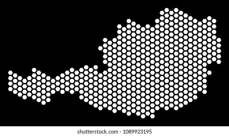 Honeycomb Austria map. Vector geographic plan on a black background. Abstract Austria map composition is constructed with hex tile blots.