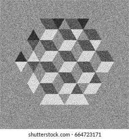 Honeycomb background. 3D mosaic. Black and white grainy dotwork design. Pointillism pattern. Stippled vector illustration.