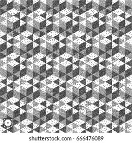 Honeycomb background. 3D mosaic. Black and white grainy dotwork design. Pointillism pattern. Stippled vector illustration.