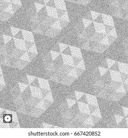 Honeycomb background. 3D mosaic. Black and white grainy design. Pointillism pattern. Stippling effect. Vector illustration.