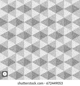 Honeycomb background. 3D mosaic. Black and white grainy dotwork design. Pointillism pattern. Stippled vector illustration.