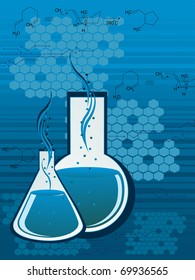 honeycomb background with chemical formula, laboratory flask